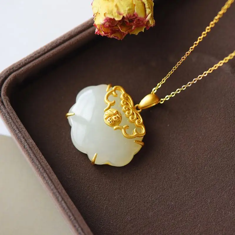 

Ping An Fu Natural Hetian White Jade Fu Character Safety Lock Necklace Pendant Ornament Sterling Silver Golden Inlaid Ancien