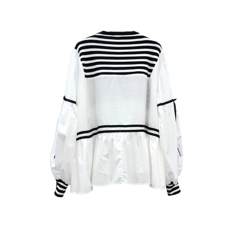 

Fashion Knit Patchwork Striped Shirts Women Blouse Age-reducing Lantern Sleeve Design Blusas Mujer 2021 Spring Womens Tops