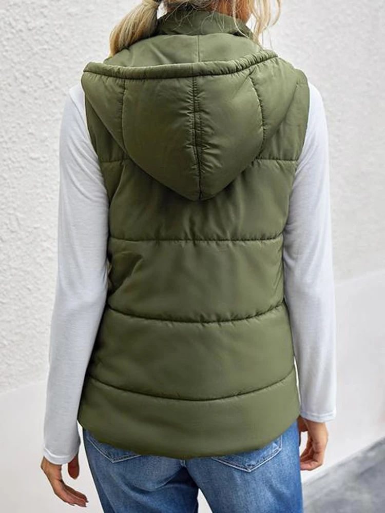 Zip Up Hooded Vest Coat Women Autumn Parka Quilted Waistcoat Stand Collar Sleeveless Casual Outerwear Plus Size Puffer Jacket