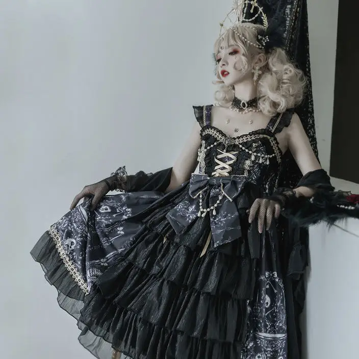 

Japanese Gothic Dark Angel Lolita Sling Dress Spring/Autumn Sweet Girl Renaissance Harajuku Courtly Style Gothic JSK Maid Dress