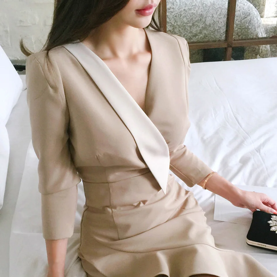 

Solid Color Stitching Office Lady Dress 2019 Autumn Winter High Waist Slim Asymmetrical Ruffled Hem Fashion Elegant Party Dress