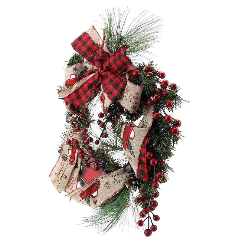 

1pc Simulated Pine Cone Red Berry Garlands Xmas Wooden Car Decor with Ribbon Wreaths