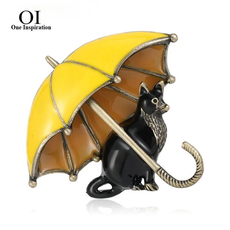 

OI Enamel Black Cats Umbrella Shape Brooches Corsage Antique Gold Color Casual Party Vivid Animal Brooch Pins Bijoux