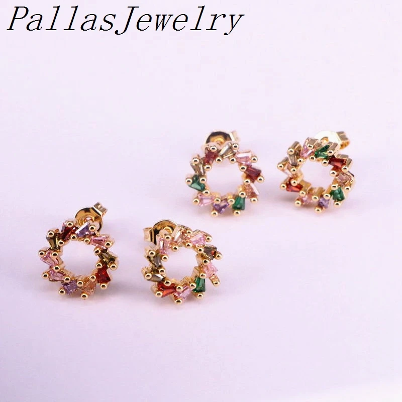 

10 пар, опт, радужные cz циркониевые микро серьги-гвоздики в форме круга золотого цвета, Женские Ювелирные изделия