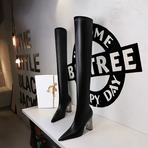 Женские высокие сапоги BIGTREE, коллекция 2021 года, сапоги до колена на высоком квадратном металлическом каблуке, пикантные эластичные матовые кожаные сапоги с острым носком, большие размеры 43
