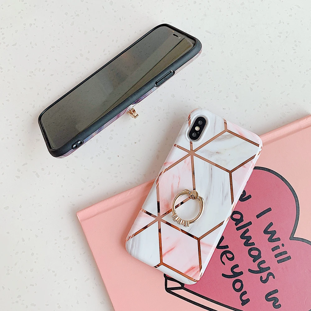 Чехол для телефона LOVECOM для iPhone 11 Pro XR XS Max 6 6S 7 8 Plus X Мягкая Гальваническая мраморная задняя крышка с кольцом на палец