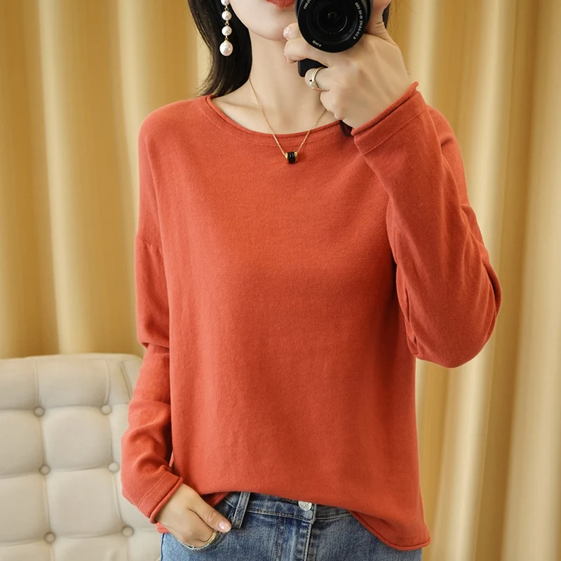 

Hot selling women's 100% cotton sweater long sleeve 0-neck solid color knitted loose pullover plus size sweater 7 colors
