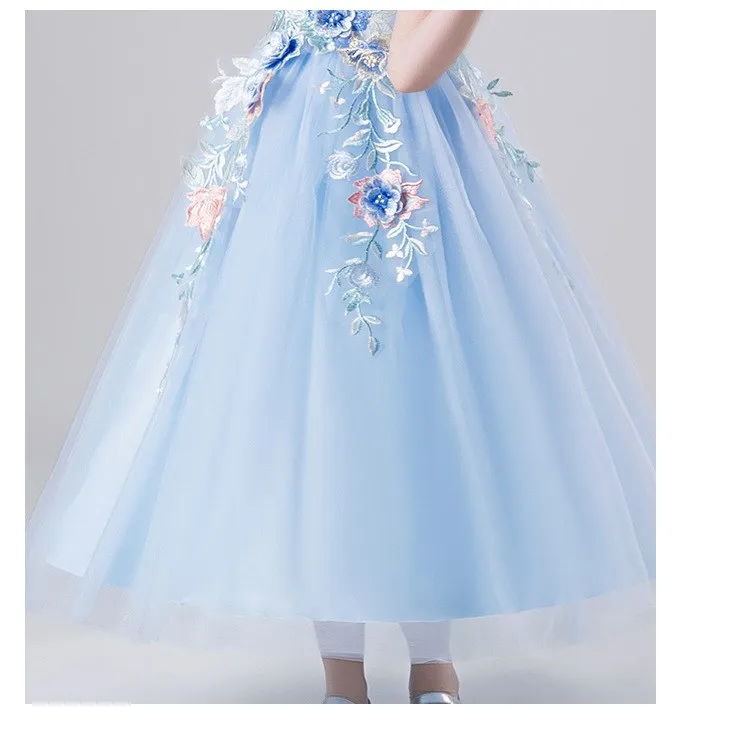 

Children Evening Party Dres Elegant Girl Princess Wedding Dresses For Girls Mesh Embroidery Flying Sleeve Fluffy Costume