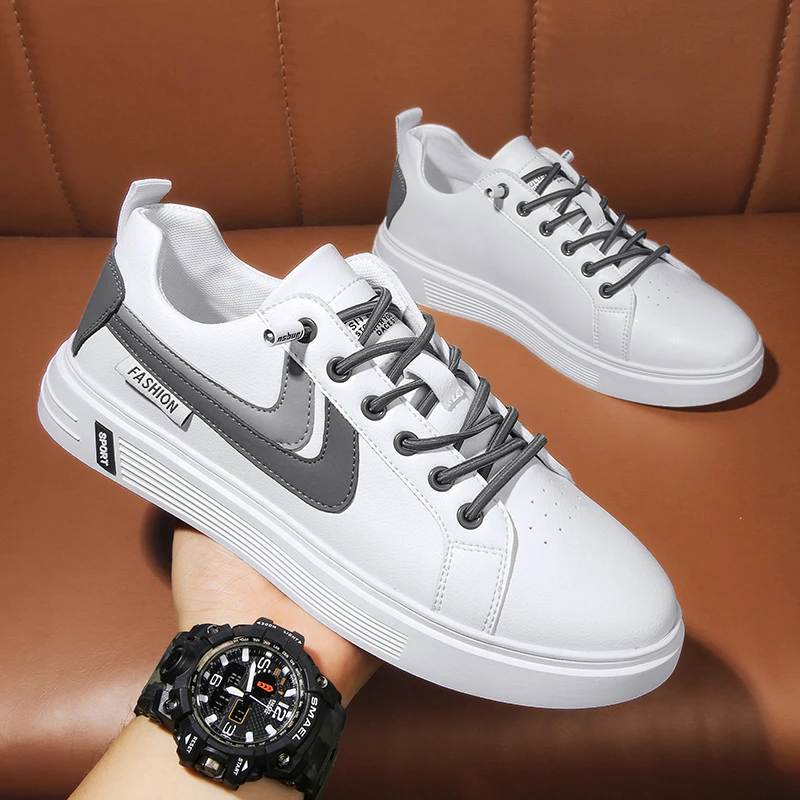 

Кроссовки мужские из ПУ кожи, повседневная Легкая спортивная обувь, на шнуровке, для улицы, прогулок, белые, Прямая поставка