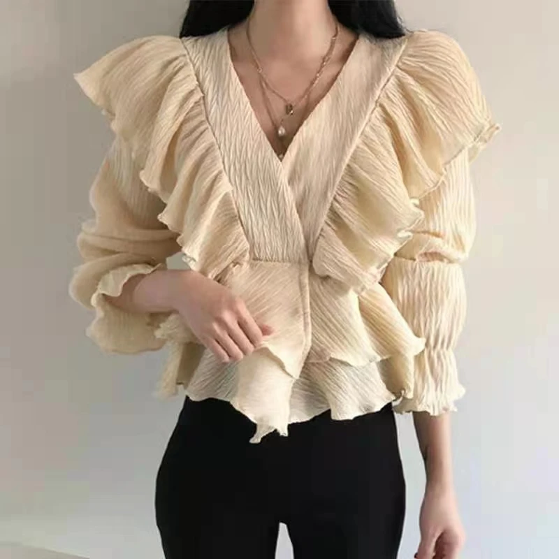 

Korea Chic V-neck Women Tops Wrinkle Ruffle Stitching High Waist Flared Sleeve Shirt Female Blusas De Mujer Dropshipping 15782