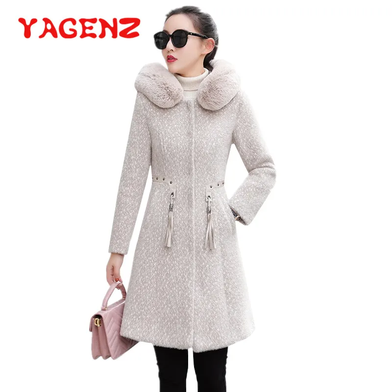 

YAGENZ Wool Coat Women Fur collar Hooded Long Jacket Winter Clothes Thick Woolen Coat Female Imitate Mink cashmere Outerwear 663