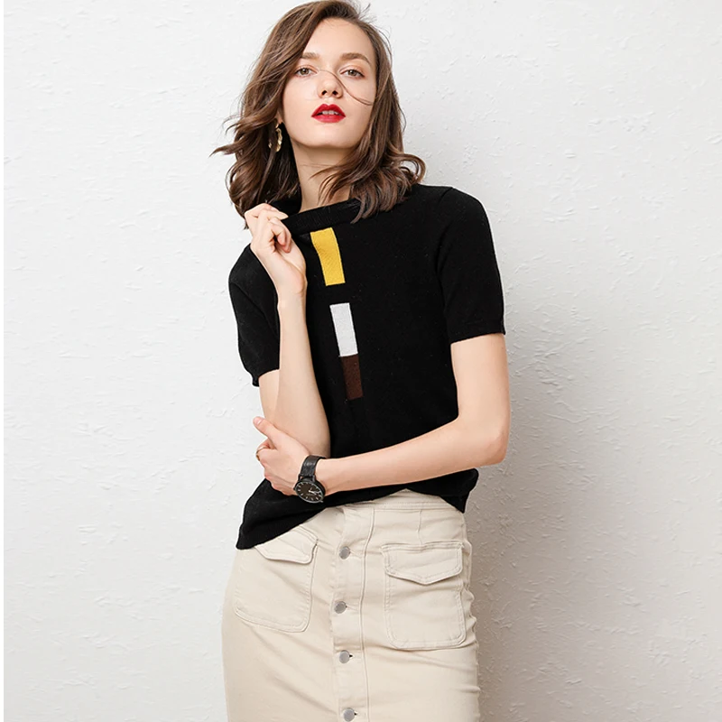 

Women's Cashmere Short Sleeve Sweater 2020 Spring Casual Pullover Wool Round Neck Top Fashion Black Off-White O-Neck Knitwear