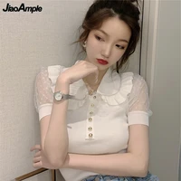 women korean sweet lace puff sleeve knitted t shirt 2021 fashion solid white cute girls doll collar tops lady summer clothing