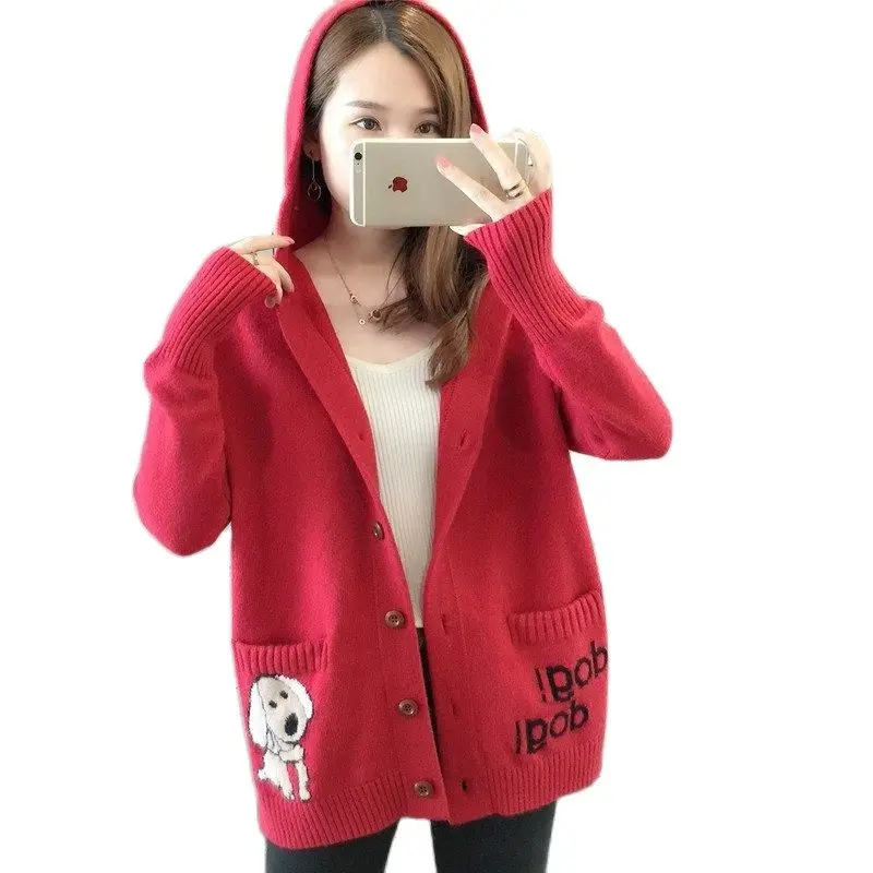 

Korea Cartoon Cardigan Hooded Fashion Women Clothes Autumn Vintage Knit Sweater Pocket Letter Hoodie Woman Jacket Y2k Streetwear