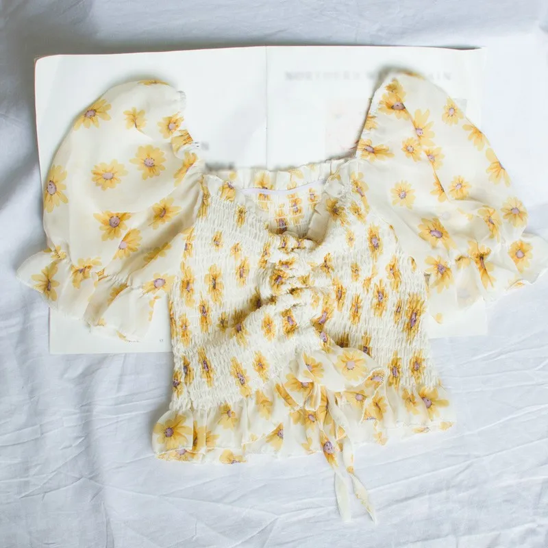 

ETOSELL Sweet Floral Print Chiffon Blouse Korean Pleated Slash Neck Blouses Summer Short Sleeve Shirt Tops