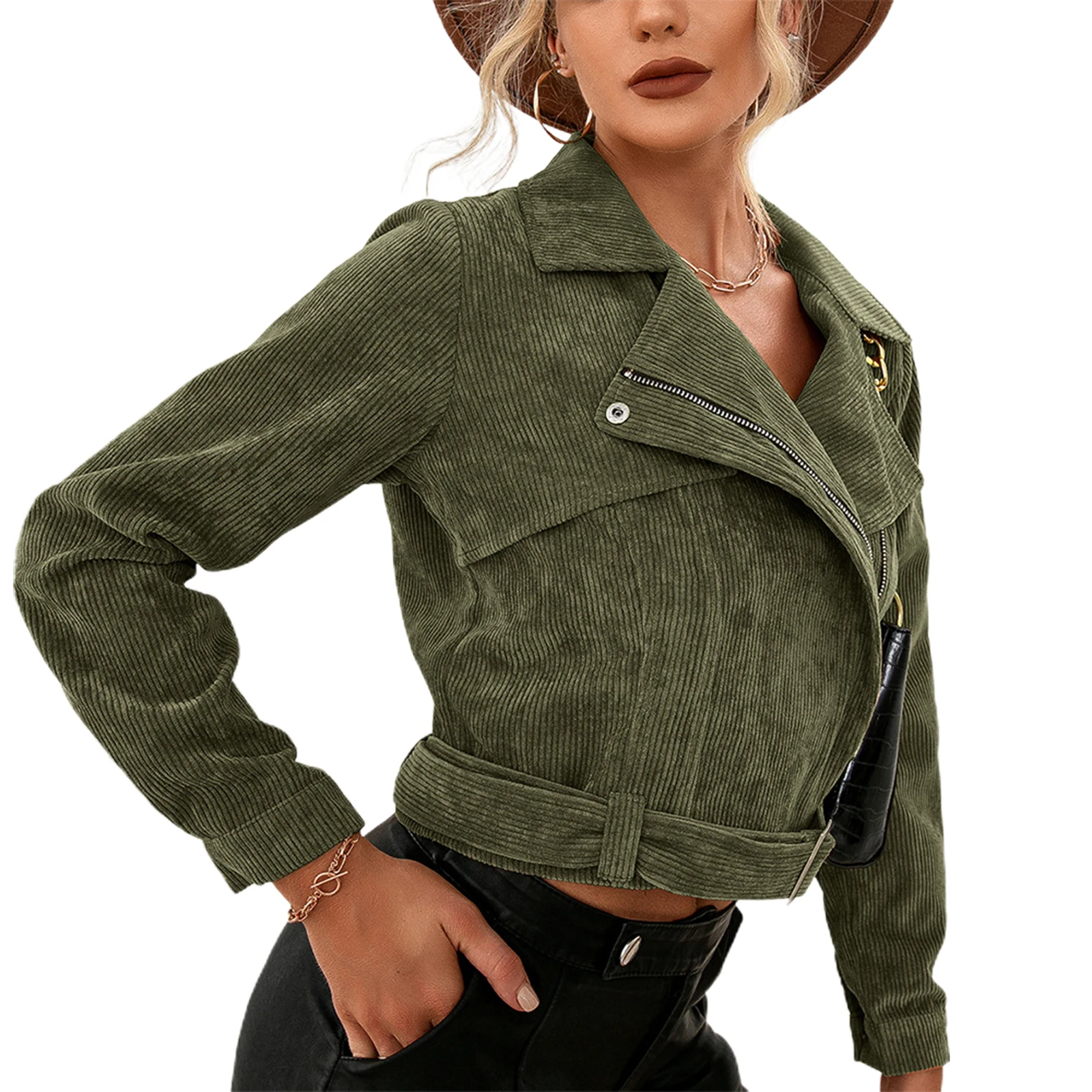 

Женский Повседневный кардиган на молнии с длинным рукавом, модное однотонное вельветовое короткое пальто с лацканами