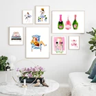 Милые художественные плакаты на стену с акварелью для девочек, зеленая Имбирная банка, топиары, Картина на холсте, розовые, цвета шампанского, принты для гостиной