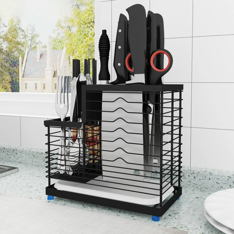 Floor black Подвесной стеллаж для ножей из нержавеющей стали, усиленная клетка для еды, полки для вилок, держатель для ложек, кухонные принадлежности, органайзер для столовых приборов - Цвет: Floor black