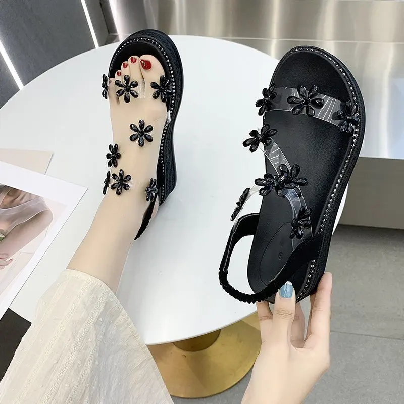 

Sandals Straps Fashion Womens Shoes 2021 Clogs Wedge Summer Heels Suit Female Beige Luxury Platform Low Plastic Rhinestone Girl