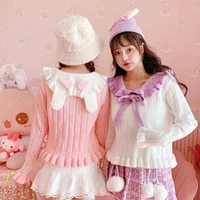 kawaii rabbit ear knit sweater cute girl jumper autumn korean fashion women crop tops long sleeve vintage tie bow pullover