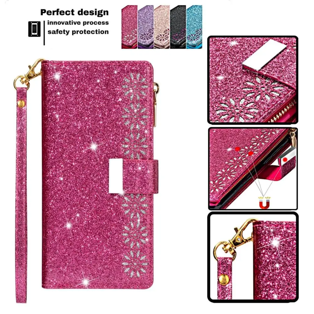 

PU Leather Wallet Case For iPhone 13 X XS Max XR 11 Pro Max SE2020 12 Pro 12 Mini Phone Cover Card Holder Flip Glitter Coque