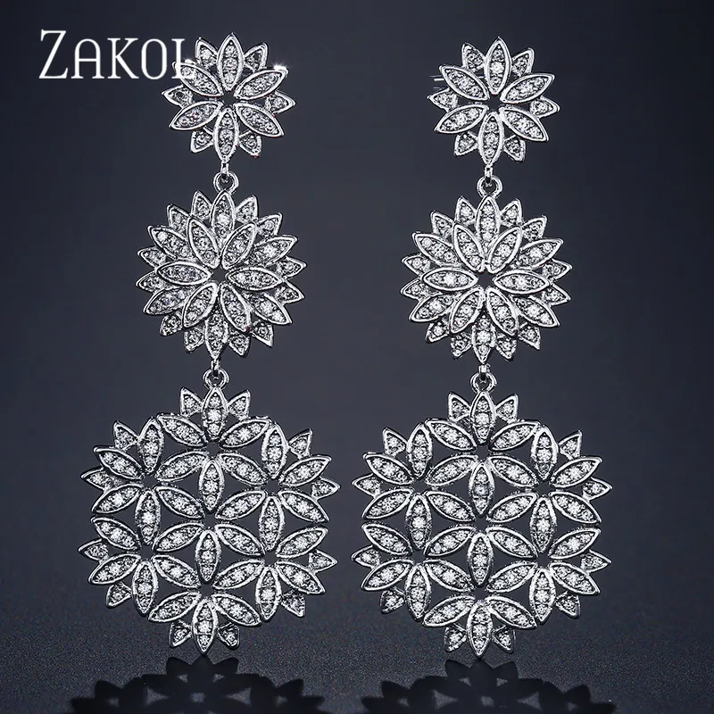 ZAKOL, роскошные серьги-капли с цирконием, с микро покрытием, с большим цветком, модные длинные висячие серьги для невест, свадебные ювелирные изделия, FSEP2137