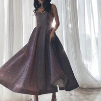 sequins pleated mid long dress women elegant spaghetti strap quinceanera prom party dresses sexy sparkly a line maxi robe