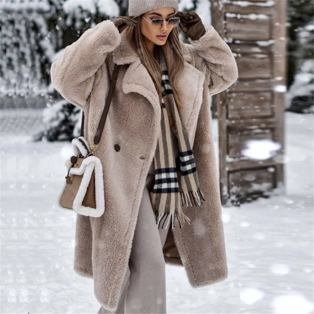 

2021 Autumn Winter New Womens Overcoat Casual Fashion Long Sleeve Lamb Wool Faux Fur Coat Women's Long Warm Woman Clothes