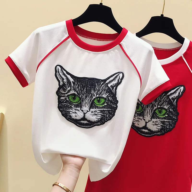 

Cat Embroidered Shirt Trendy T-shirt Feminine Patterned Basic Casual Short Sleeve for Summer 2021