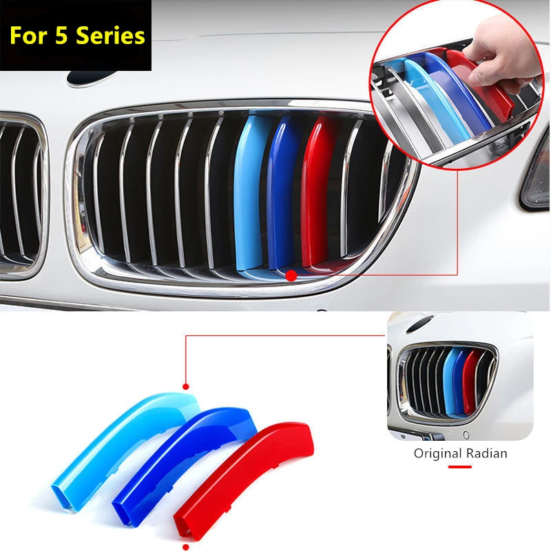 3pcs Front Grille Strip For BMW F10 E39 E60 F07 G30 F18 5 Series GT GT5 Car Racing Trim Clip Stickers M Germany Color Accessory