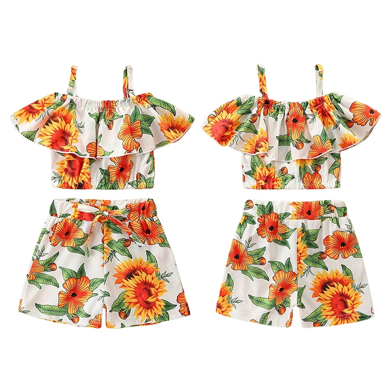 

Summer girls casual suit with lotus lace suspenders short sleeves + floral shorts 2 pieces yellow