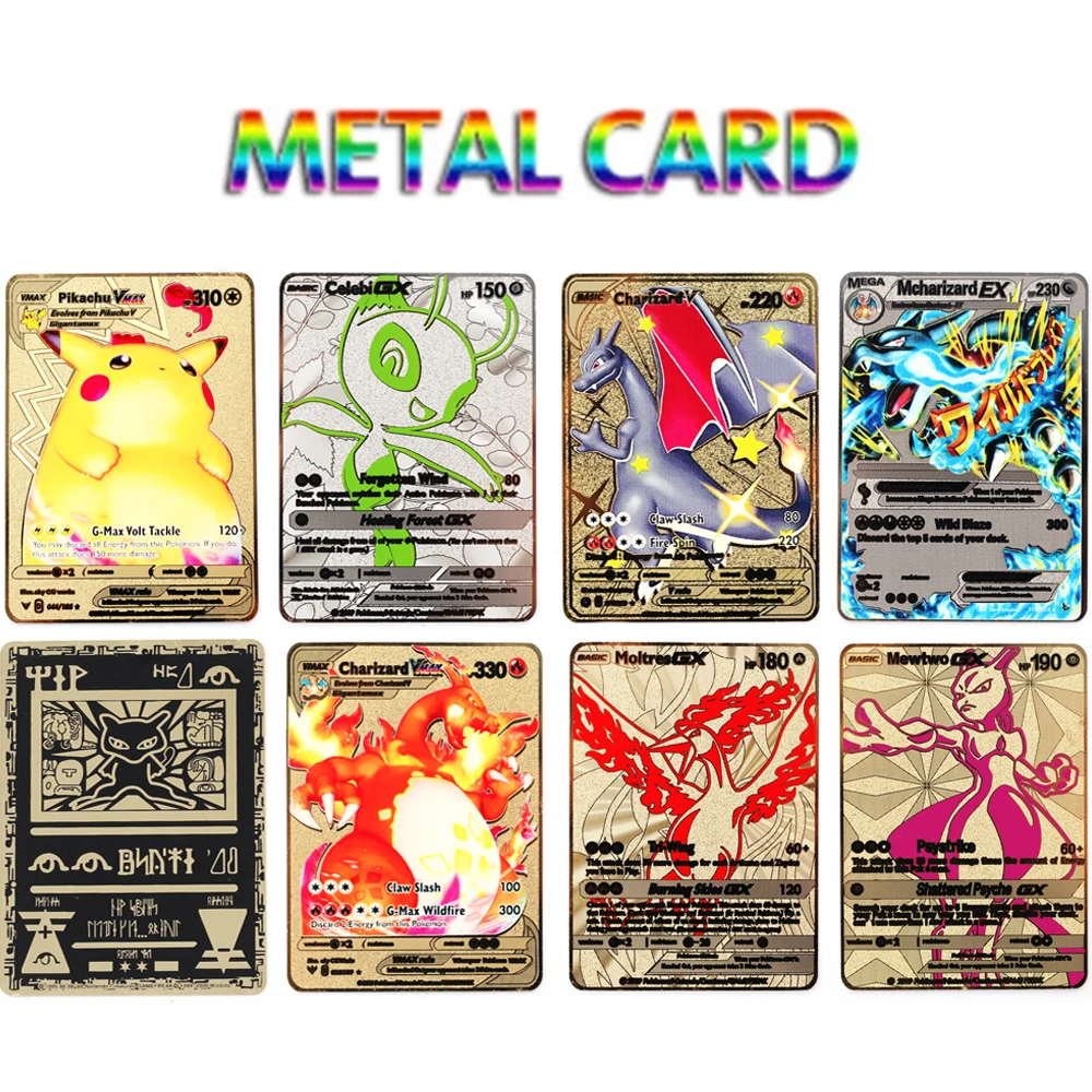 

Pokemon 27 стилей Новинка Mewtwo Vmax MEGA золотая металлическая карточка коллекция супер игр аниме-открытки игрушки для детей Рождественский подарок