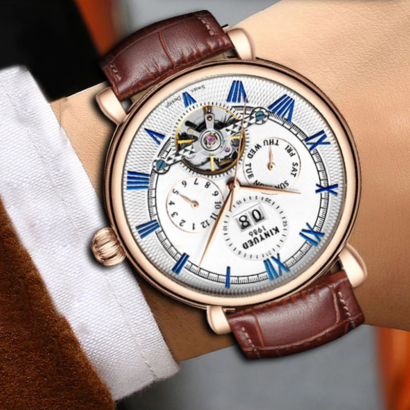 

Men Sports Tourbillon Watches KINYUED Automatic Mechanical Top Brand Luxury Fashion Leather Mens Wristwatch Relogio Masculino
