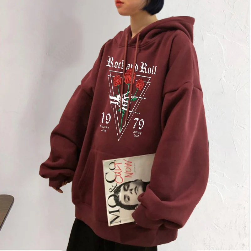 

Fashion Women's Oversized Hoodie Sweatshirt Autumn Floral & Rose Print Long Sleeve Cotton Hooded Tops Hoody Female Sweatshirts