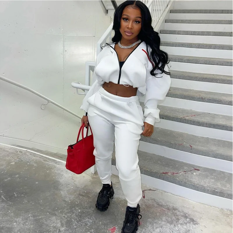 

Уличный комплект из двух предметов, укороченная толстовка на молнии с длинным рукавом и брюки-джоггеры с высокой талией, костюмы для женщин,...