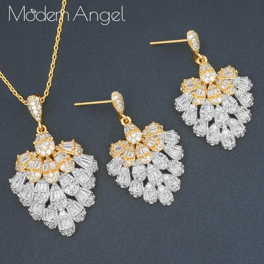 

ModemAngel, роскошные медные серьги в форме капель, 2 шт., ожерелье, сережки, наборы для женщин, аксессуары, полностью кубические циркониевые серьг...