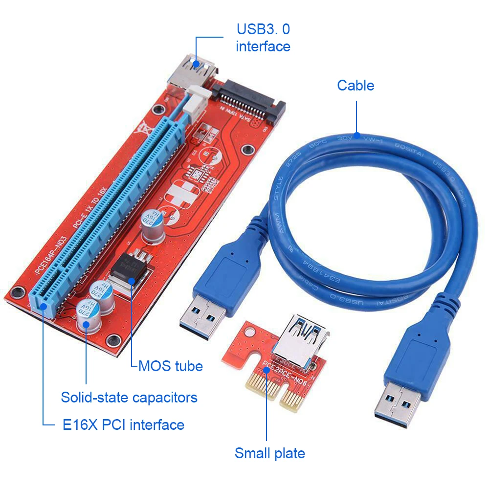 

6Set VER007S PCI-E Riser Card PCI Express PCIE 1X 16X Graphic PCI-E Riser Extender USB3.0 Cable 15pin SATA for BTC Mining Miner