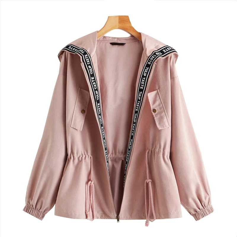 Dotfashion, повседневная женская куртка с капюшоном и завязками на талии, осень, с буквенным принтом, Лоскутная Верхняя одежда, женские куртки на молнии