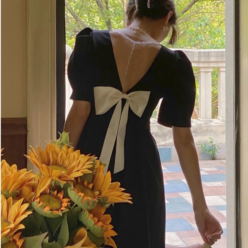 

2021 Summer Solid Vintage Dress Women Short-sleeved Backless Elegant Cute Kawaii Dresses Sexy Ladies Party Holiday Green Dresses