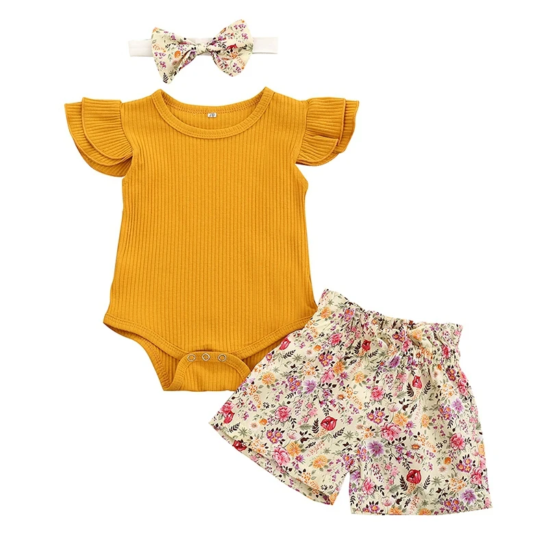 

Hot Baby Clothing Summer Infant Newborn Baby Girl Ruffle Ribbed Romper Floral Shorts Headband 3Pcs Set