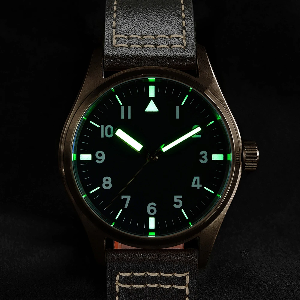 

San Martin Bronze Pilot Military Watch Mechanical Simple Style Men's Watches Luminous 200m Waterproof Leather Strap
