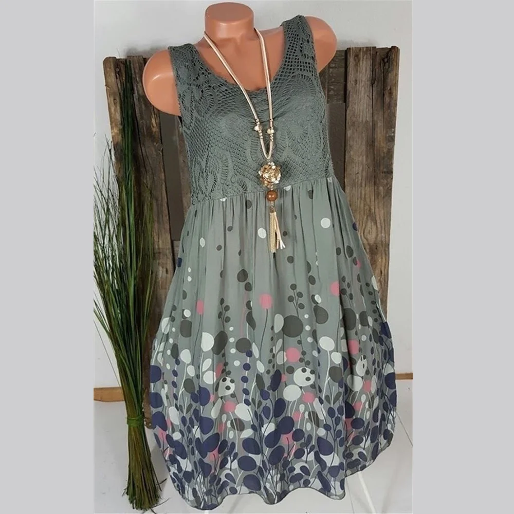 

Women Short Sleeve Floral Printed Polka Dotted Midi Dress Casual Loose Party Dress