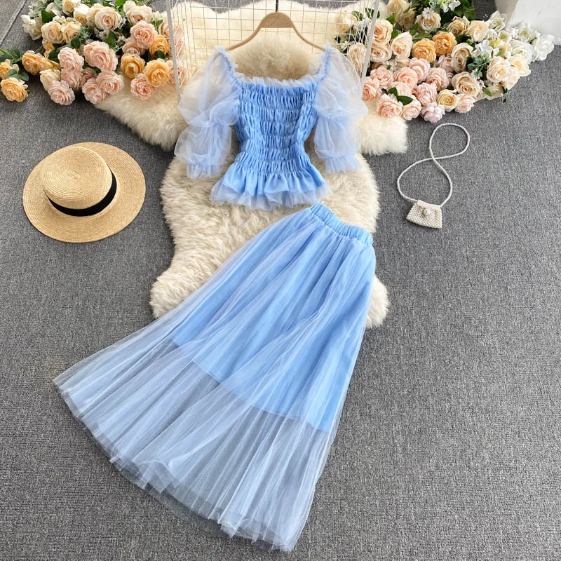 Женский летний комплект из двух предметов милый короткий сетчатый эластичный