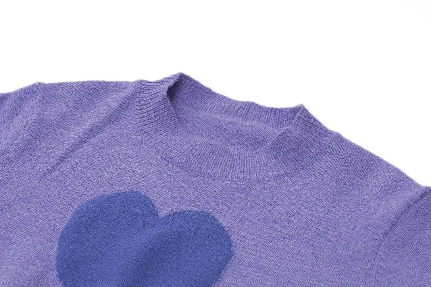 

Luxury Jumpers Short Knitted Sweater Women Purple Heart O-Neck Elegant Loose Spring Autumn Harajuku Japan Style Femmes Pullovers