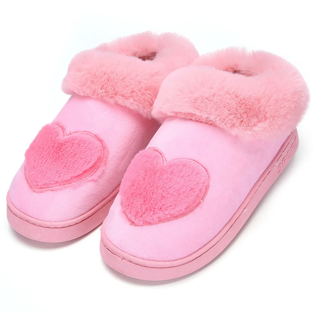 Pink Женская обувь; женская обувь на плоской подошве; женские теплые плюшевые зимние тапочки с круглым носком из хлопка в форме сердца; удобная обувь; chaussures pour femmes;# y2 - Color: Pink