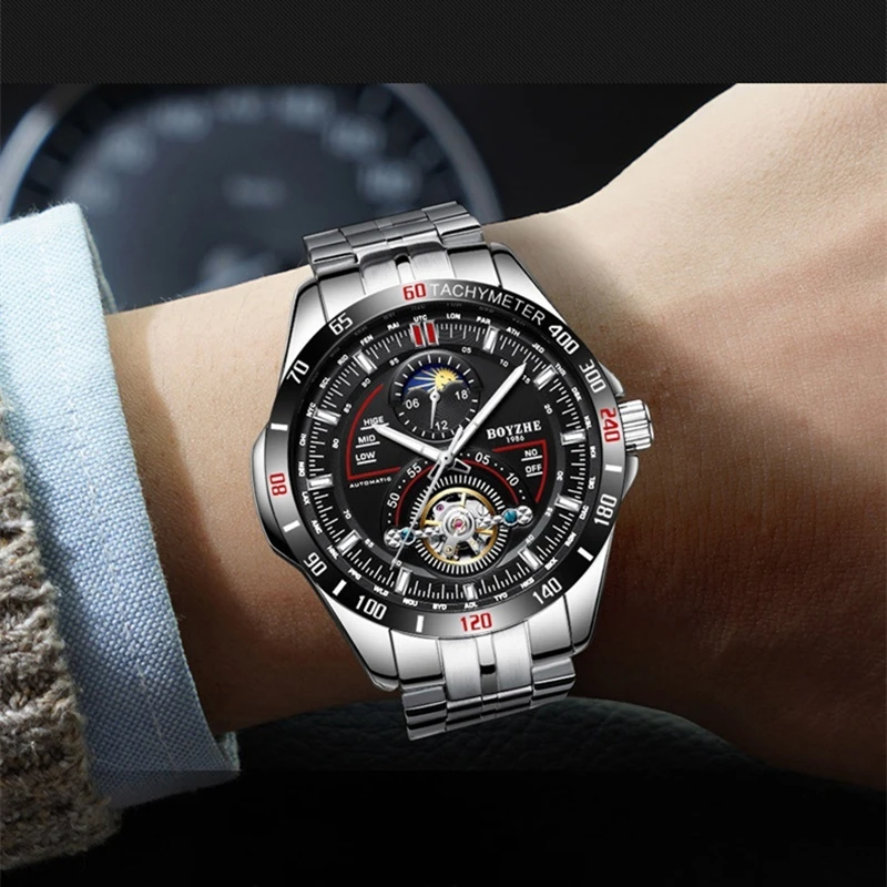 

Men's Waterproof Tourbillon Watch Automatic Mechanical Wristwatches Top Brand Luxury Luminous Hands Steel Band Watch for Man