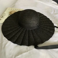 elegant black natural straw hat women with lace up wide brim lotus leaf straw hats ribbon girl summer uv sun hat beach hat