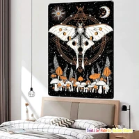 black white moth tapestry trippy mushroom butterfly sun moon celestial stars wall hanging room skull with decor skeleton
