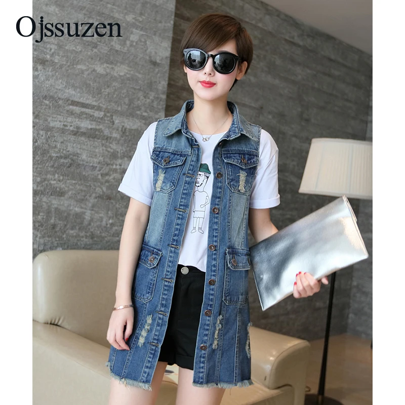 

Ripped Denim Vests Women Jacket Sleeveless Outerwear Slim Long Washed Female Jeans Vest Woman With Pocket Blue