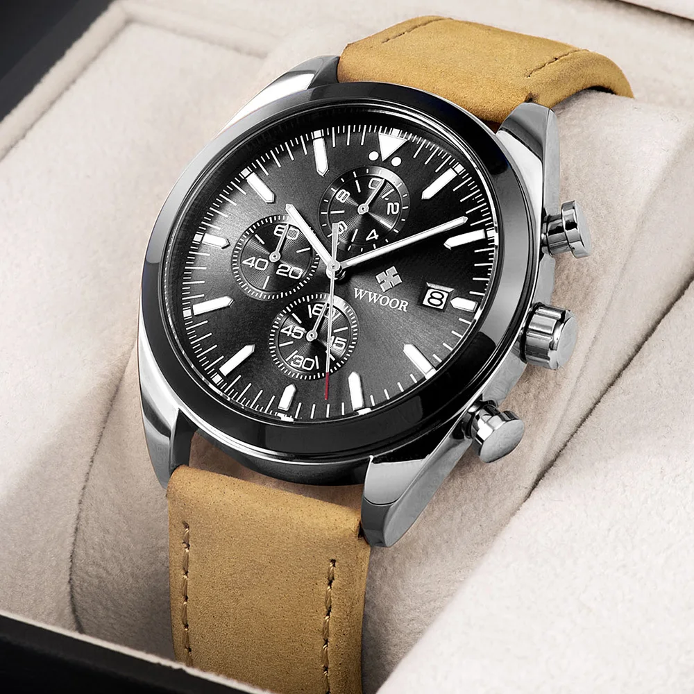 2021 WWOOR Watch Men Casual Leather Quartz Wristwatches For Men Fashion Waterproof Date Clock Male Sport Chronograph Wrist Watch